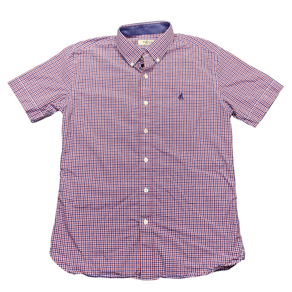 Beanpole Mens Slim 100 Gingham Short Sleeve Button Down Shirt Red Blue Grunge